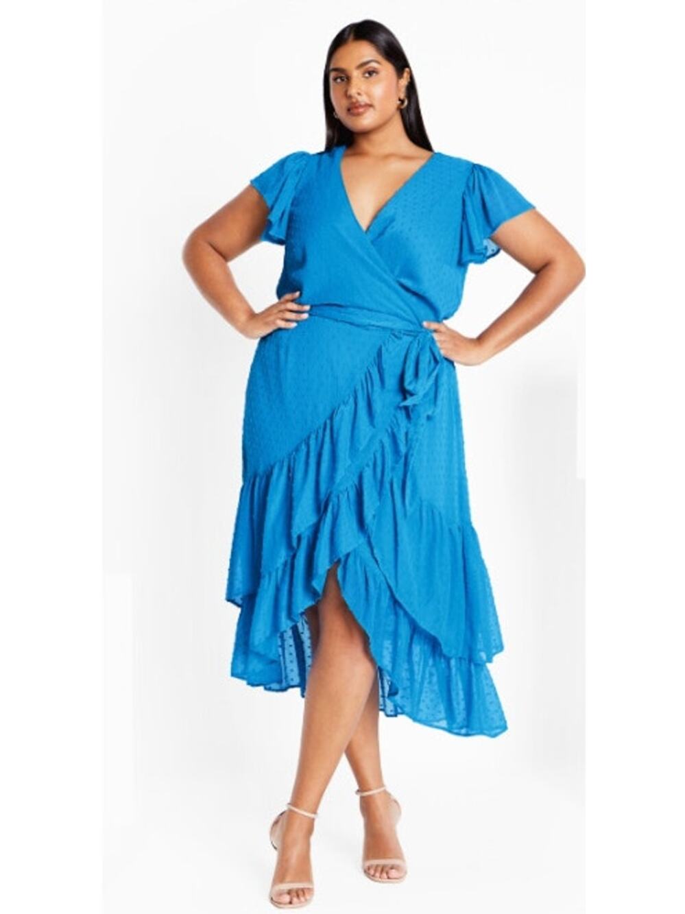 City Chic Midi Frill Dee Blue Dobby Faux Wrap Dress Size 20W